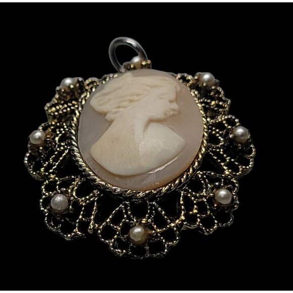 Vermeil Carved Shell Cameo Pendant Faux Pearl Accent Gold Tone Sterling Silver - Picture 11 of 14